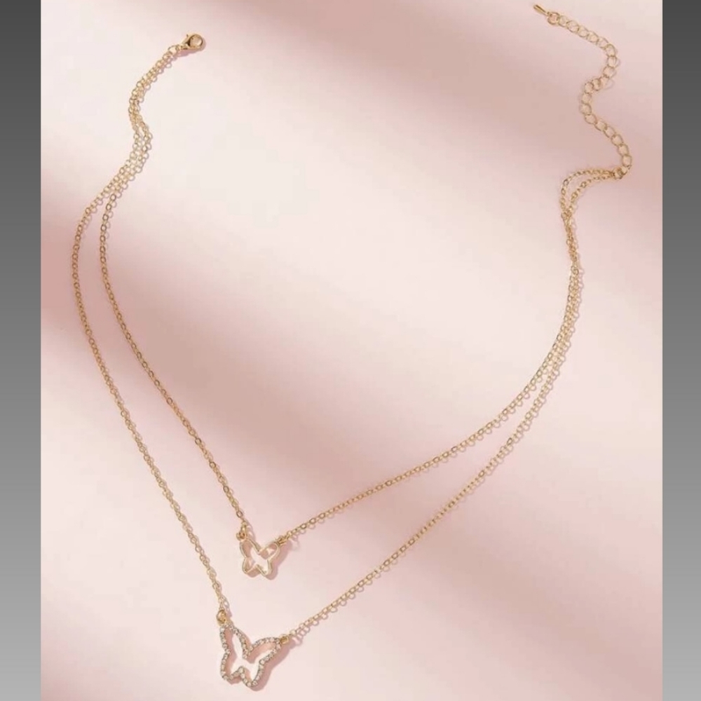 Rhinestone Butterfly Charm Gold Layered Necklace